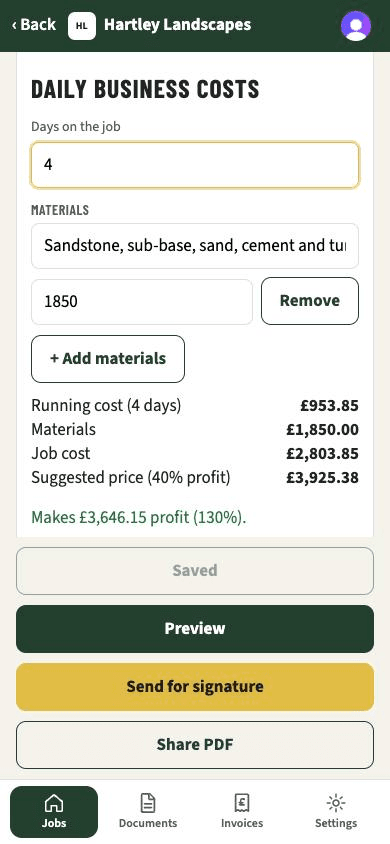 Daily business costs on a quote: running cost, materials, job cost and a suggested price