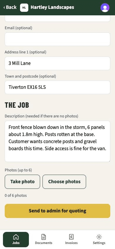 A staff site visit: customer details and job notes, ready to send to the office for pricing
